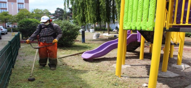 Çocuk parklarında yabani ot temizleme çalışması